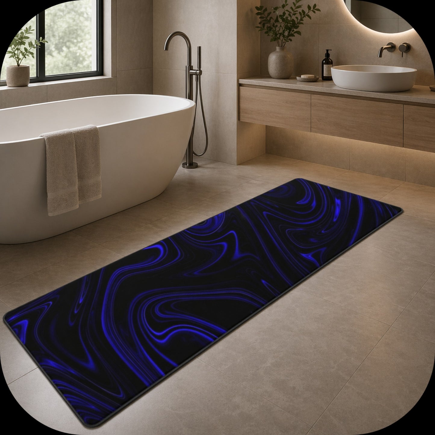 Wide angled shot of a Master Bathroom showcasing the long Cobalt Heavenly Depths runner bath mat in a modern setting with a view of the garden.