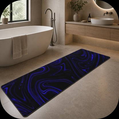 Wide angled shot of a Master Bathroom showcasing the long Cobalt Heavenly Depths runner bath mat in a modern setting with a view of the garden.