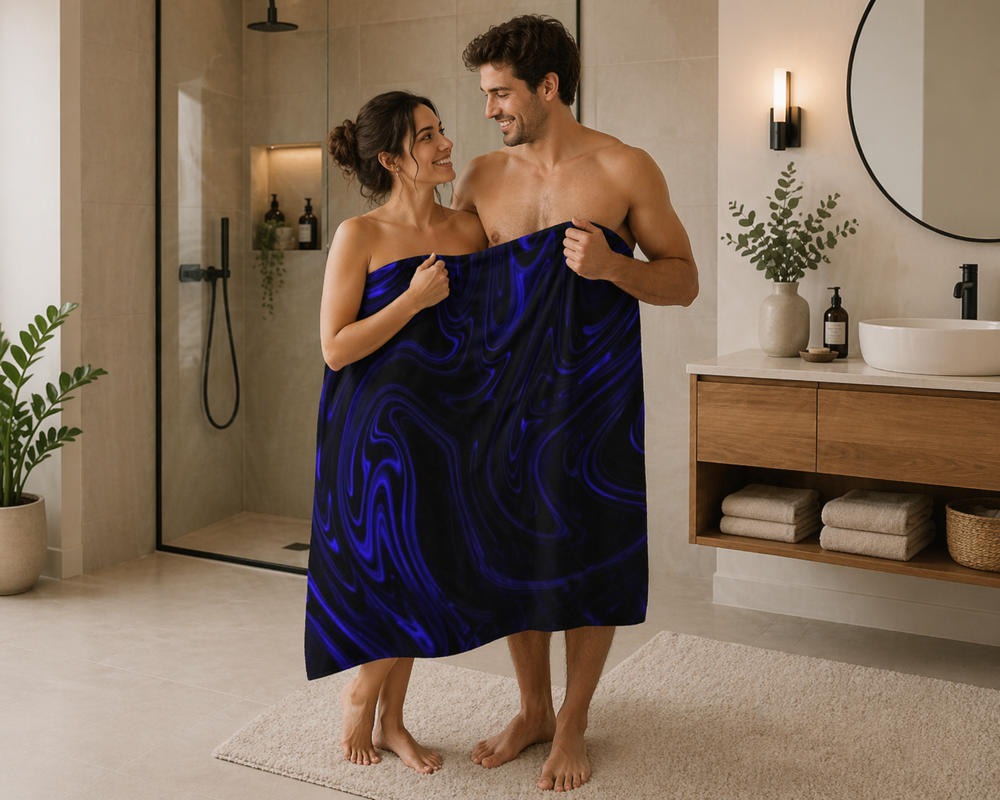 Couple wrapped in a blue towel in a bathroom