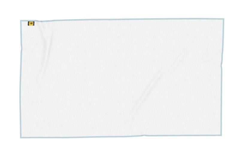White towel with blue border on a white background