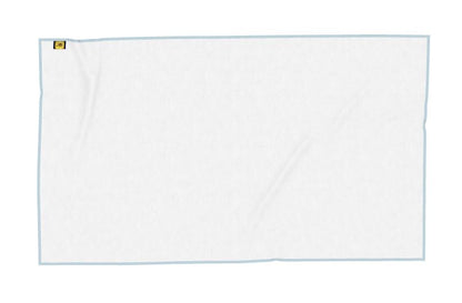 White towel with blue border on a white background