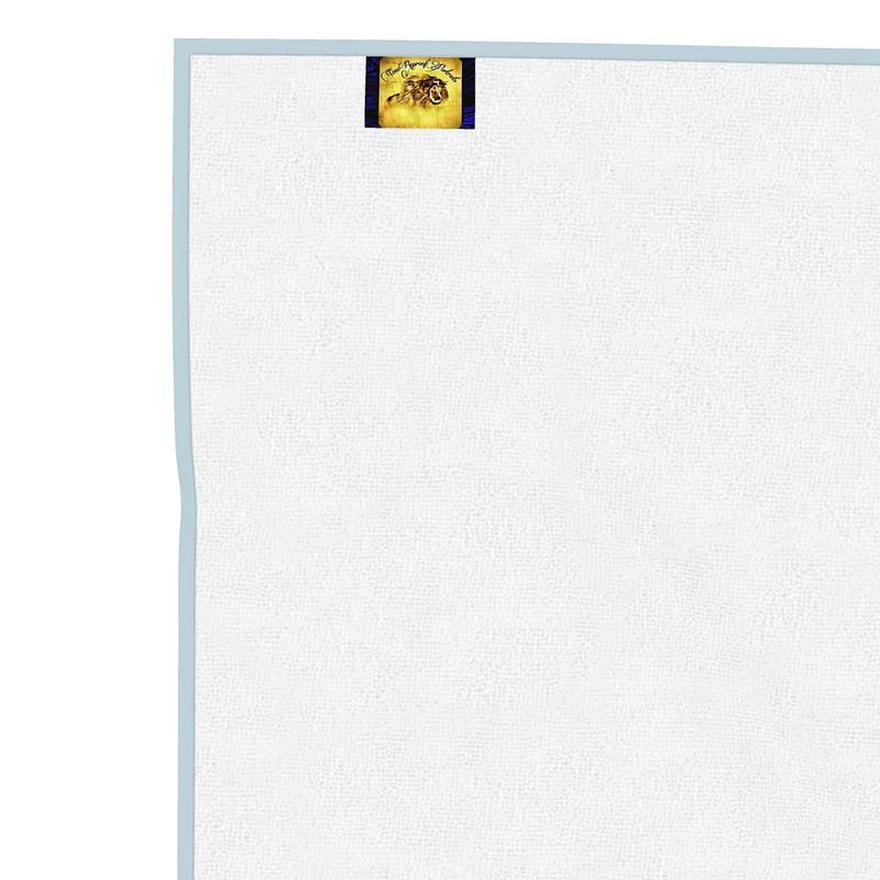 White towel with a TRP brand logo in the corner on a white background