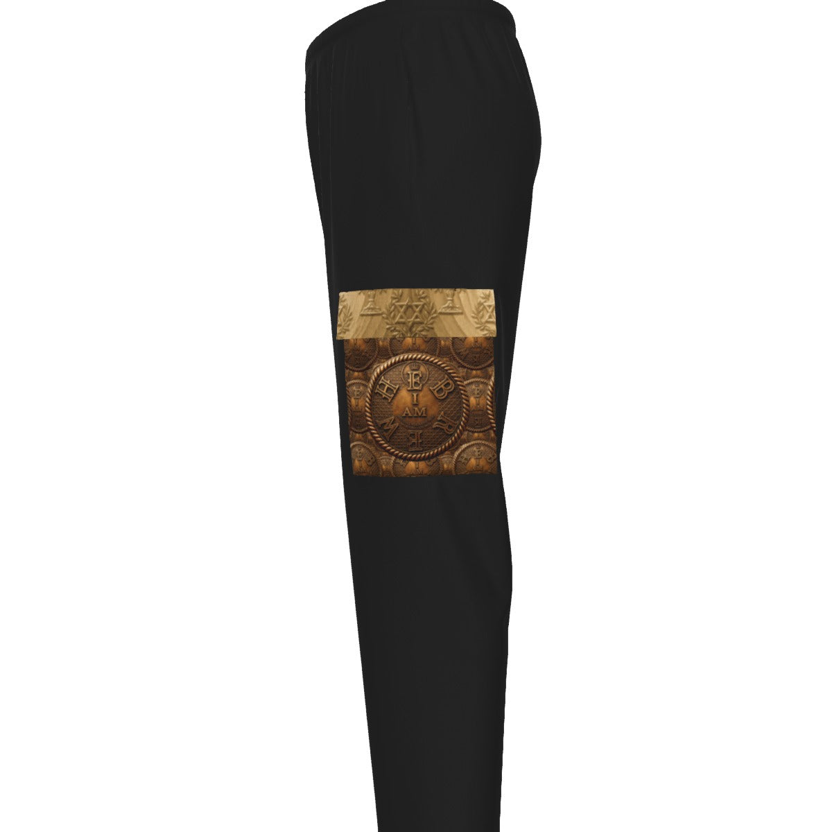 Side-profile view of Men's Cargo Sweatpants, left leg. Shows the cargo pocket with the golden text 'I AM' and Hebrew coin. Symmetric design.knee.
