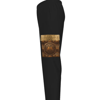 Side-profile view of Men's Cargo Sweatpants, left leg. Shows the cargo pocket with the golden text 'I AM' and Hebrew coin. Symmetric design.knee.