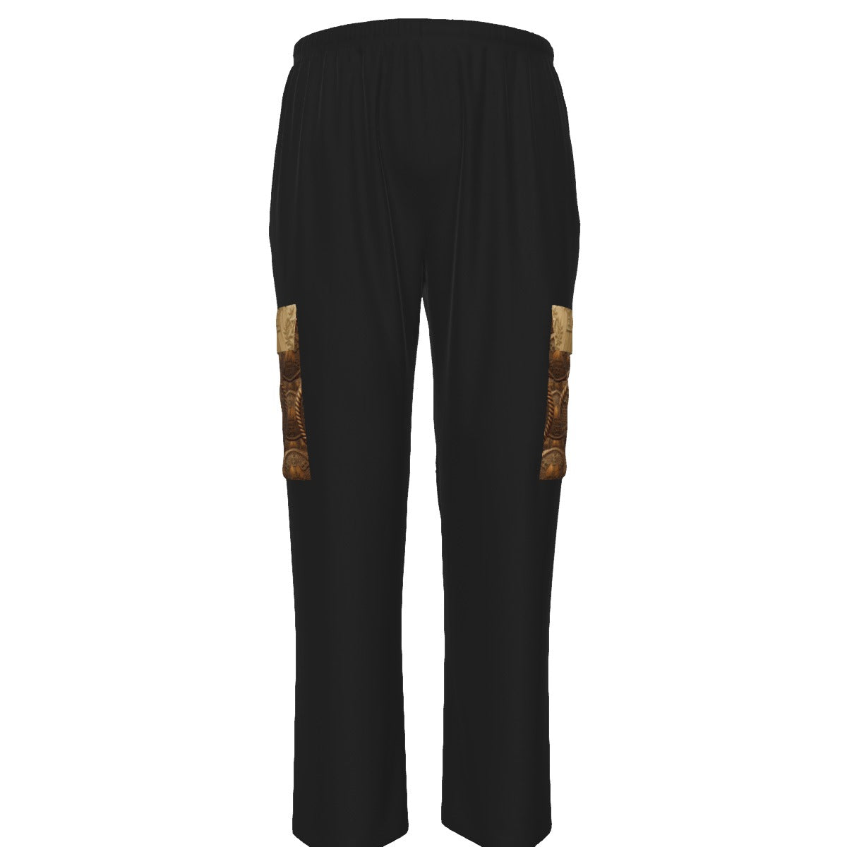 Front view of Men's Cargo Sweatpants. Two cargo pockets, made of textured golden fabric with a detailed Hebrew coin. Full view on black pants.