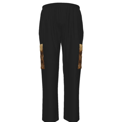 Front view of Men's Cargo Sweatpants. Two cargo pockets, made of textured golden fabric with a detailed Hebrew coin. Full view on black pants.