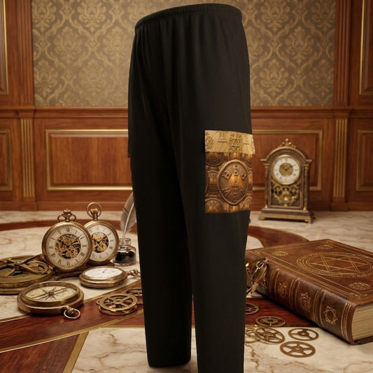 A pair of black Men's Cargo Sweatpants in a vintage study. A patterned cargo pocket with Hebrew coin. Table with old clocks and a compass. Stately, detailed view.