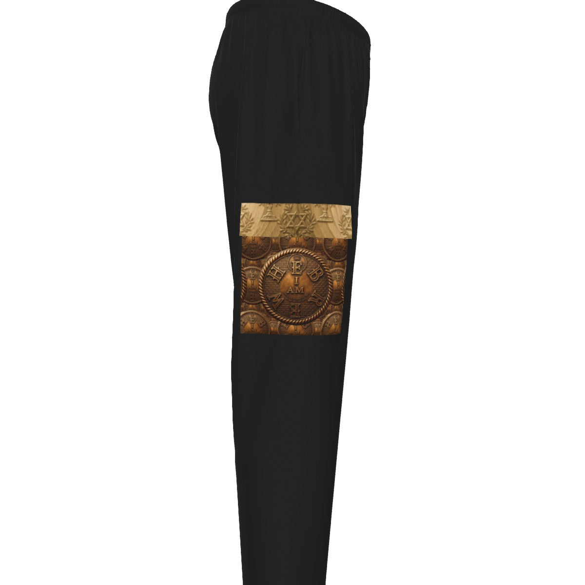 Side-profile view of Men's Cargo Sweatpants,right leg. Shows the cargo pocket with the golden text 'I AM' and Hebrew coin. Symmetric design.