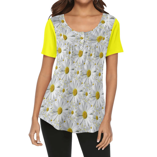 TRP Floral Print 08: English Daisies 01 Designer Scoop Neck Pleated Blouse