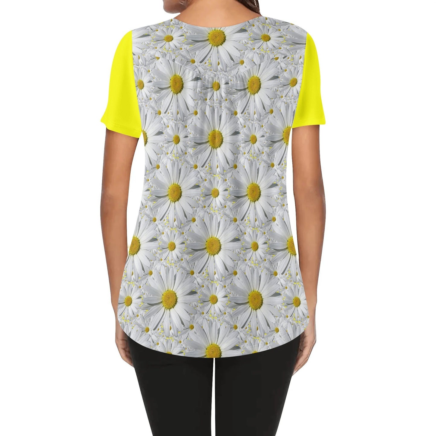 TRP Floral Print 08: English Daisies 01 Designer Scoop Neck Pleated Blouse