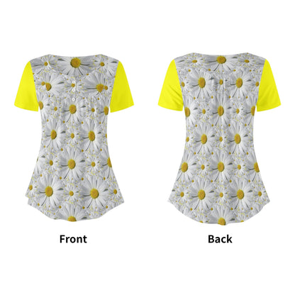 TRP Floral Print 08: English Daisies 01 Designer Scoop Neck Pleated Blouse
