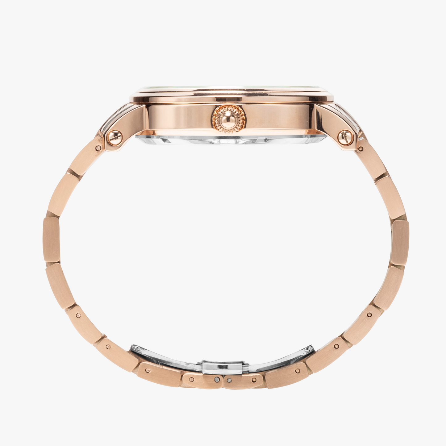Yahuah: Tree of Life (03) automatic watch showing the intricate mechanical movement and the stainless steel strap in rose gold