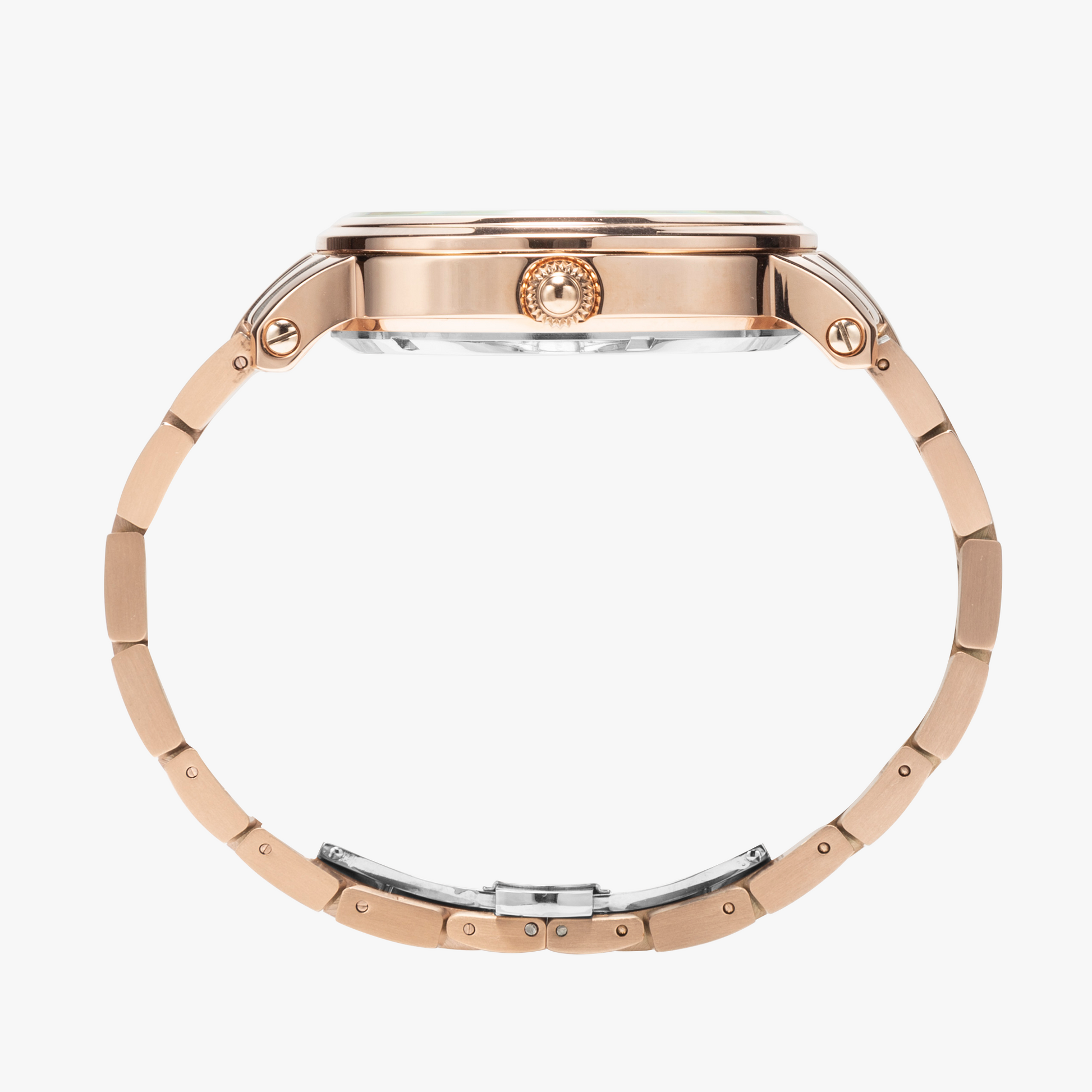 Yahuah: Tree of Life (03) automatic watch showing the intricate mechanical movement and the stainless steel strap in rose gold