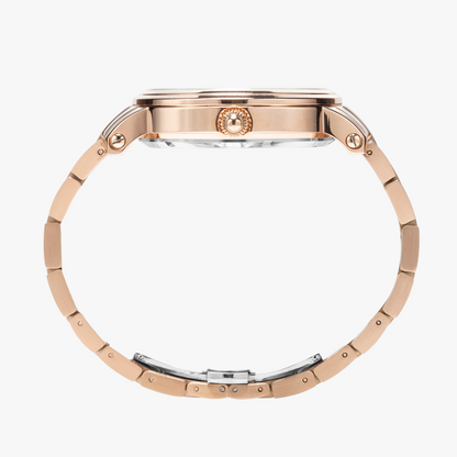 Yahuah: Tree of Life (03) automatic watch showing the intricate mechanical movement and the stainless steel strap in rose gold