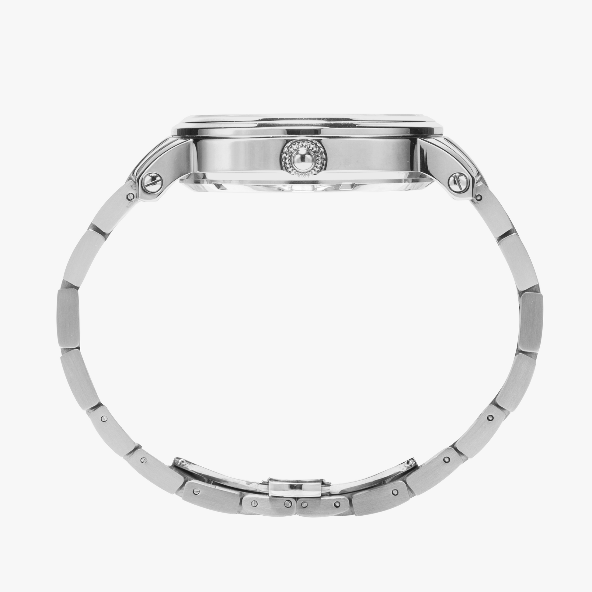 Yahuah: Tree of Life (03) automatic watch showing the intricate mechanical movement and the stainless steel strap in silver.