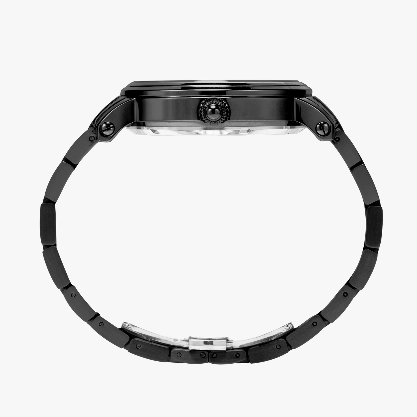 Yahuah: Tree of Life (03) automatic watch showing the intricate mechanical movement and the stainless steel strap in black.