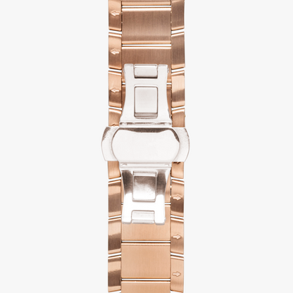 Yahuah: Tree of Life (03) stainless steel  rose gold watch technical view showing the the butterfly deployment clasp.