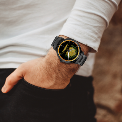 Yahuah: Tree of Life (03) automatic watch on a model's wrist, showing the black stainless steel version.