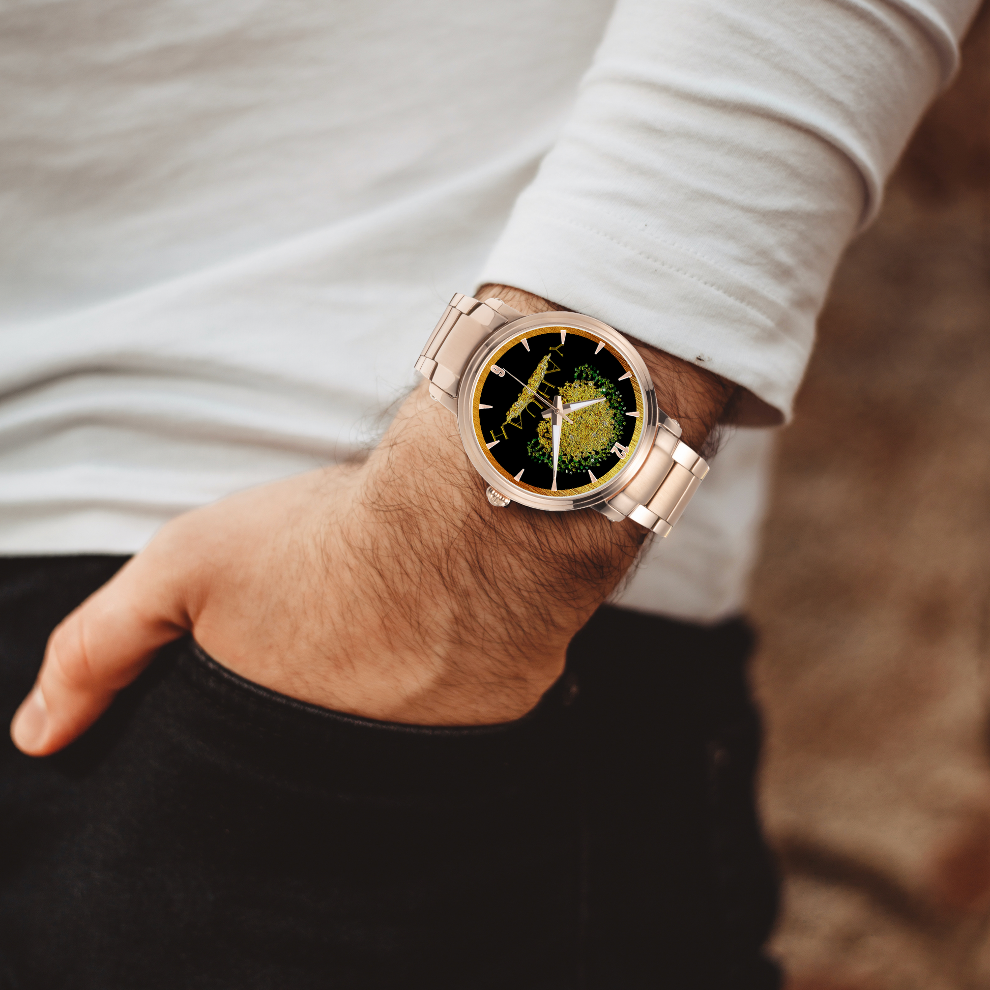 Yahuah: Tree of Life (03) automatic watch on a model's wrist, showing the rose gold stainless steel version.