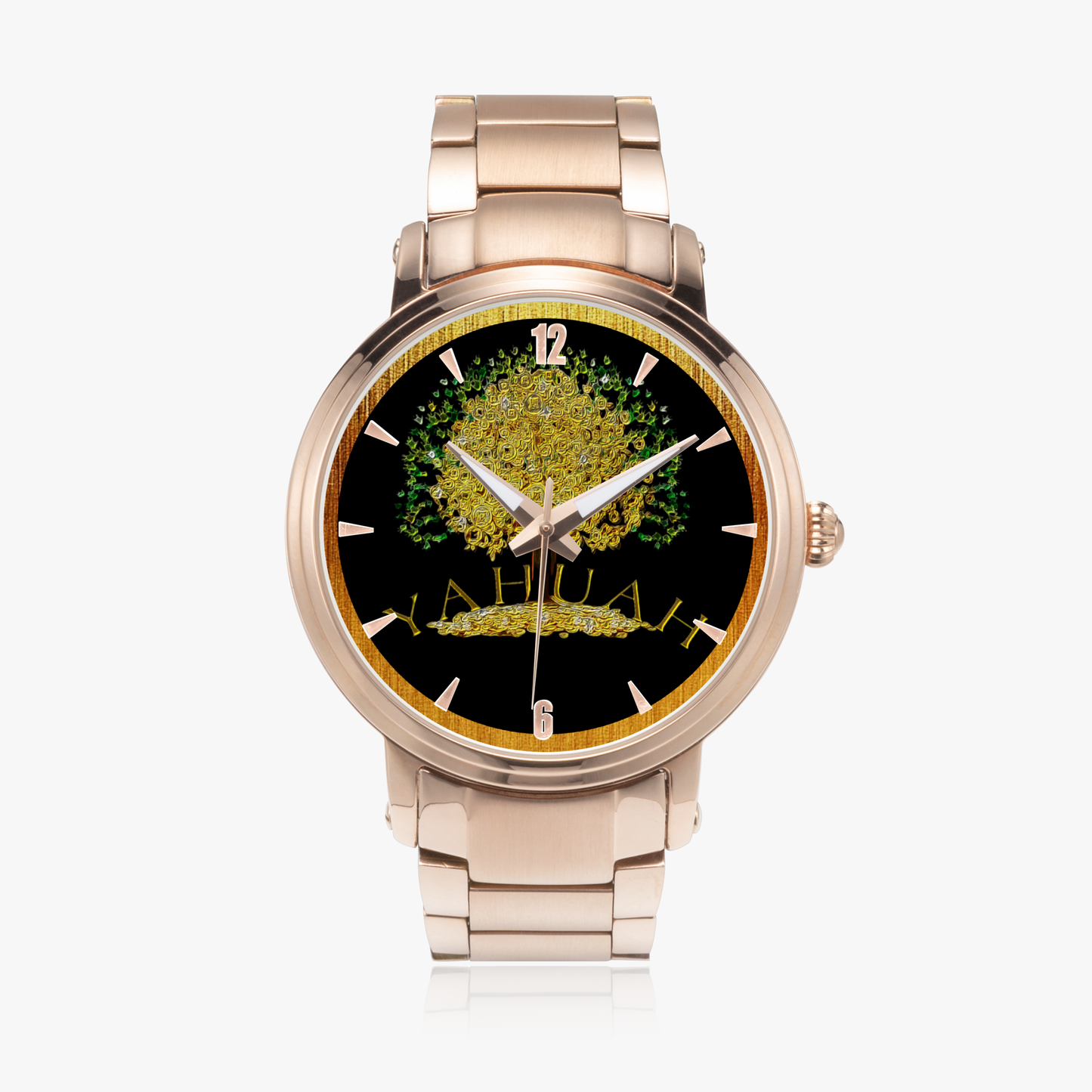 Yahuah Tree of Life automatic watch, shown with rose gold stainless steel straps.
