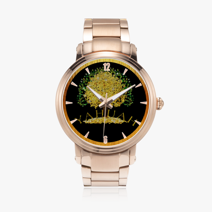 Yahuah Tree of Life automatic watch, shown with rose gold stainless steel straps.