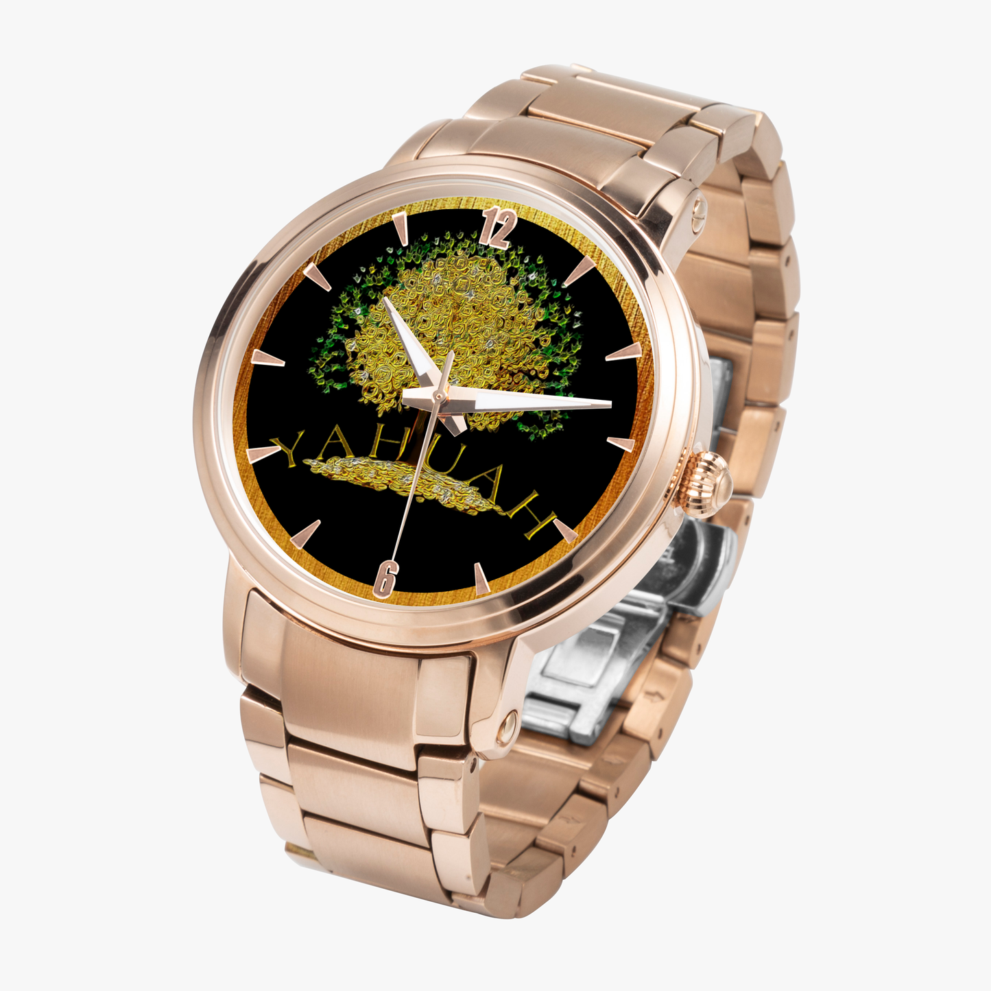 Yahuah Tree of Life automatic watches, shown in a 3/4 angle view with rose gold stainless steel strap.