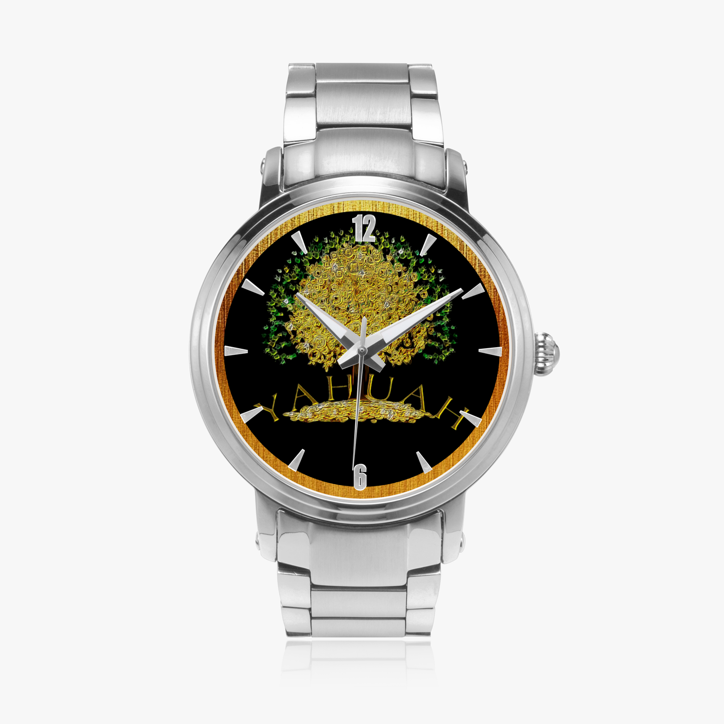 Yahuah Tree of Life automatic watch, shown with silver stainless steel straps.