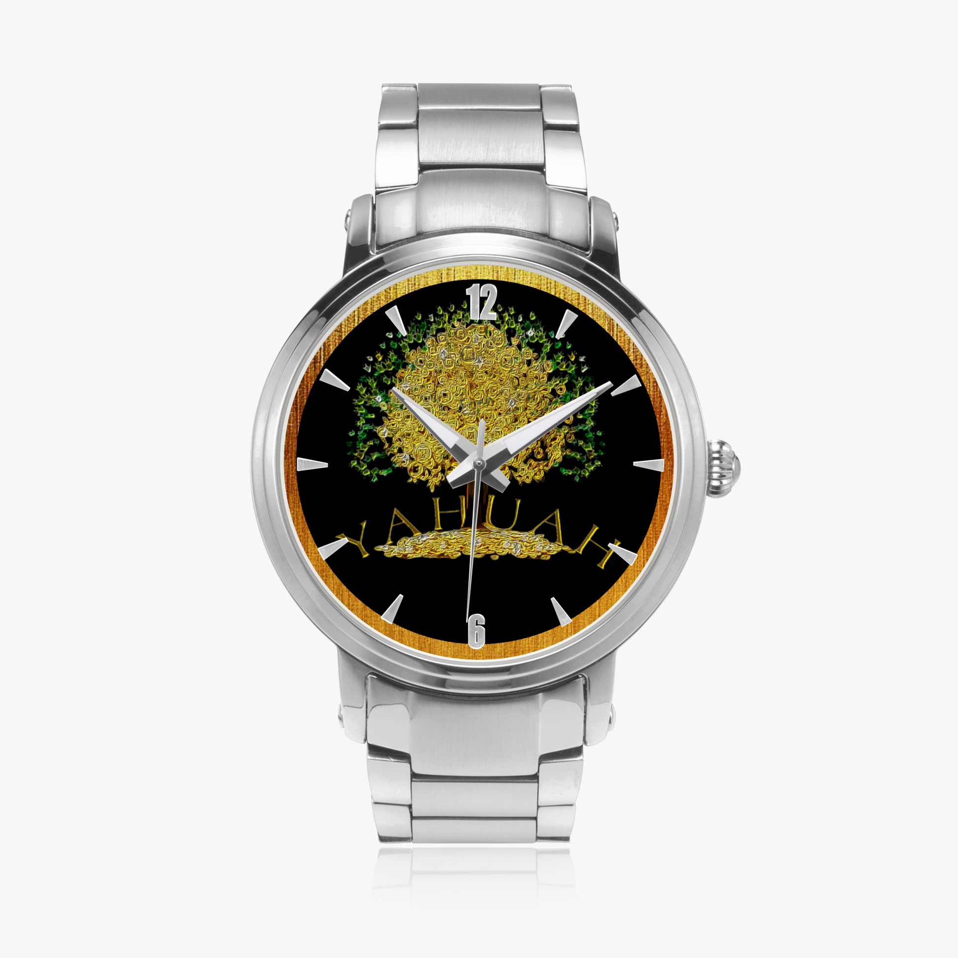 Yahuah Tree of Life automatic watch, shown with silver stainless steel straps.