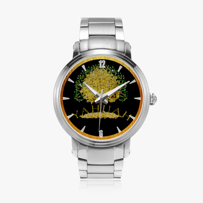 Yahuah Tree of Life automatic watch, shown with silver stainless steel straps.