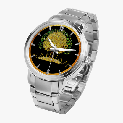 Yahuah Tree of Life automatic watches, shown in a 3/4 angle view with silver stainless steel strap.