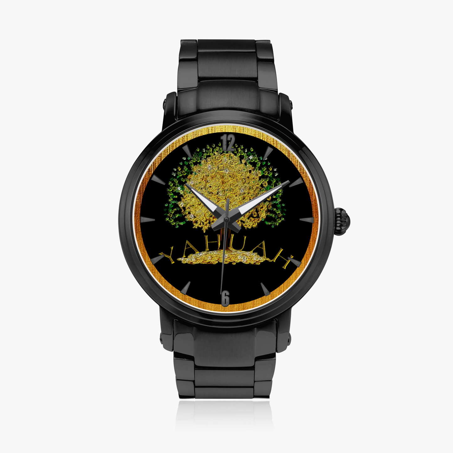 Yahuah Tree of Life automatic watch, shown with black stainless steel straps.