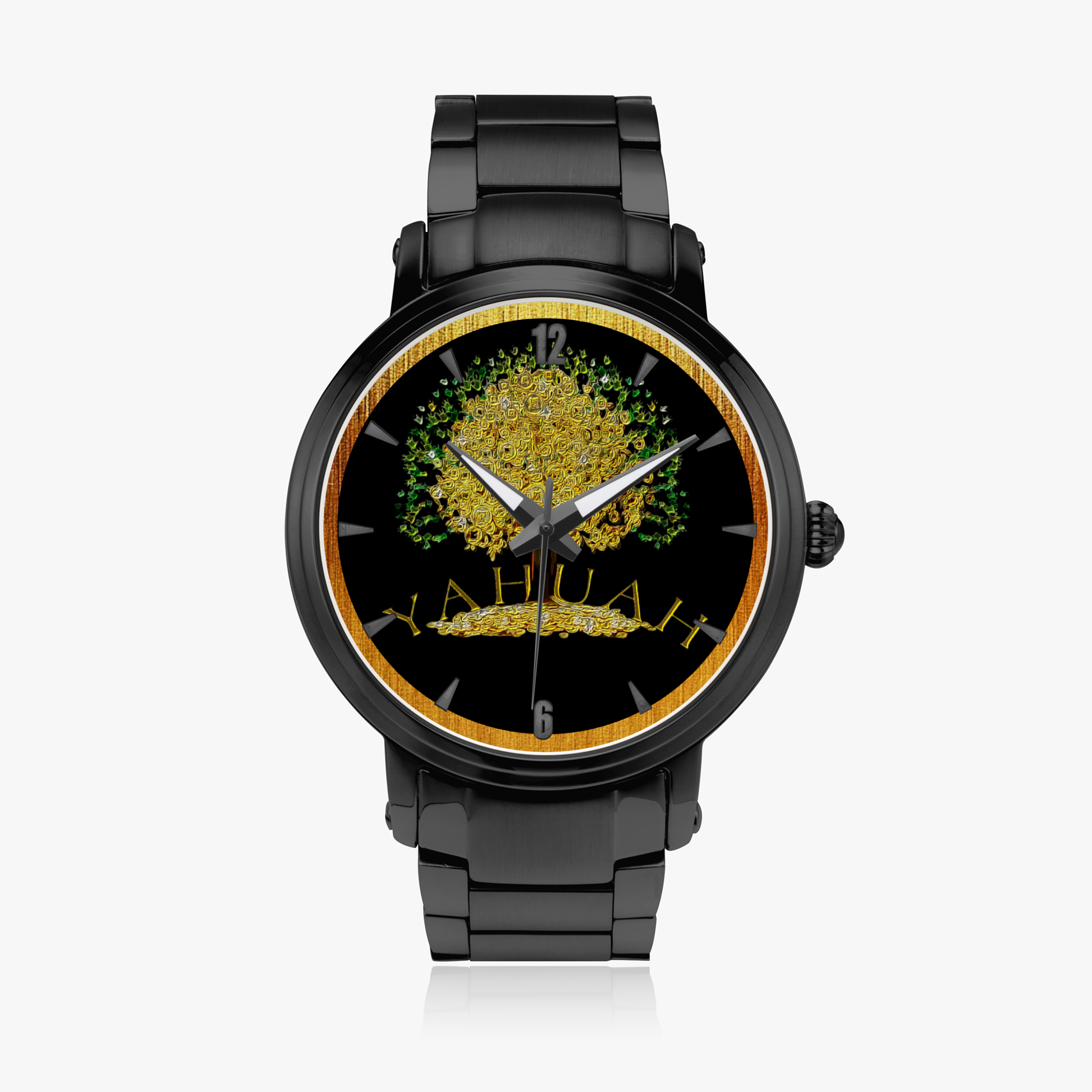 Yahuah Tree of Life automatic watch, shown with black stainless steel straps.