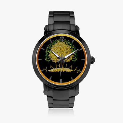 Yahuah Tree of Life automatic watch, shown with black stainless steel straps.