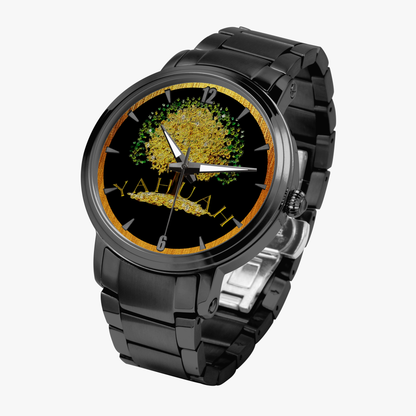 Yahuah Tree of Life automatic watches, shown in a 3/4 angle view with black stainless steel strap.