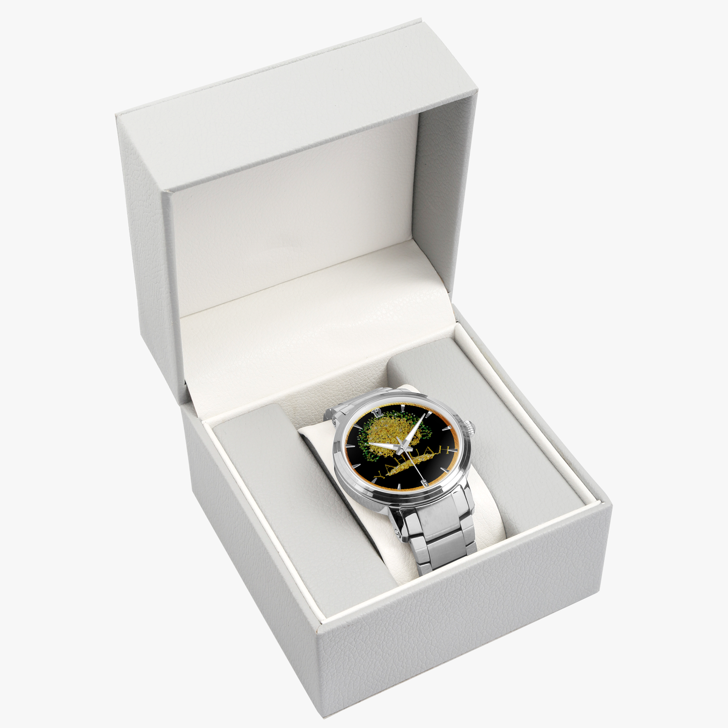 Yahuah: Tree of Life (03) automatic watch presented in a premium grey gift box, available in silver stainless steel.