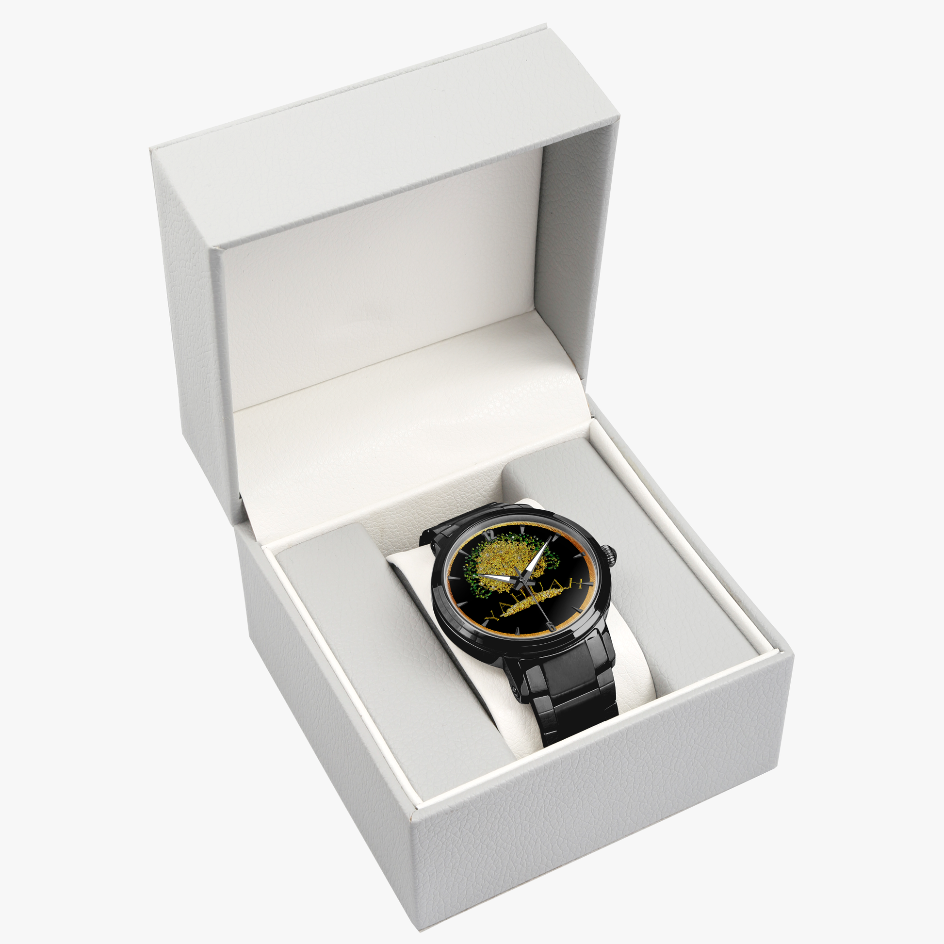 Yahuah: Tree of Life (03) automatic watch presented in a premium grey gift box, available in black stainless steel.