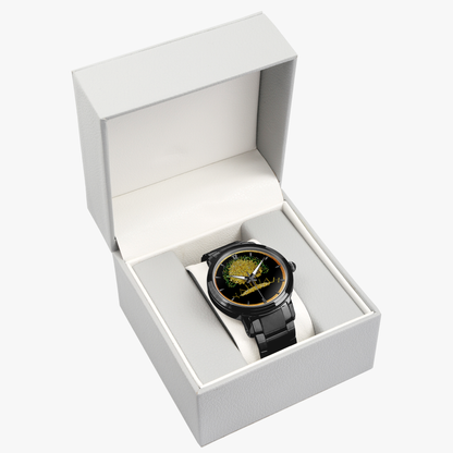 Yahuah: Tree of Life (03) automatic watch presented in a premium grey gift box, available in black stainless steel.