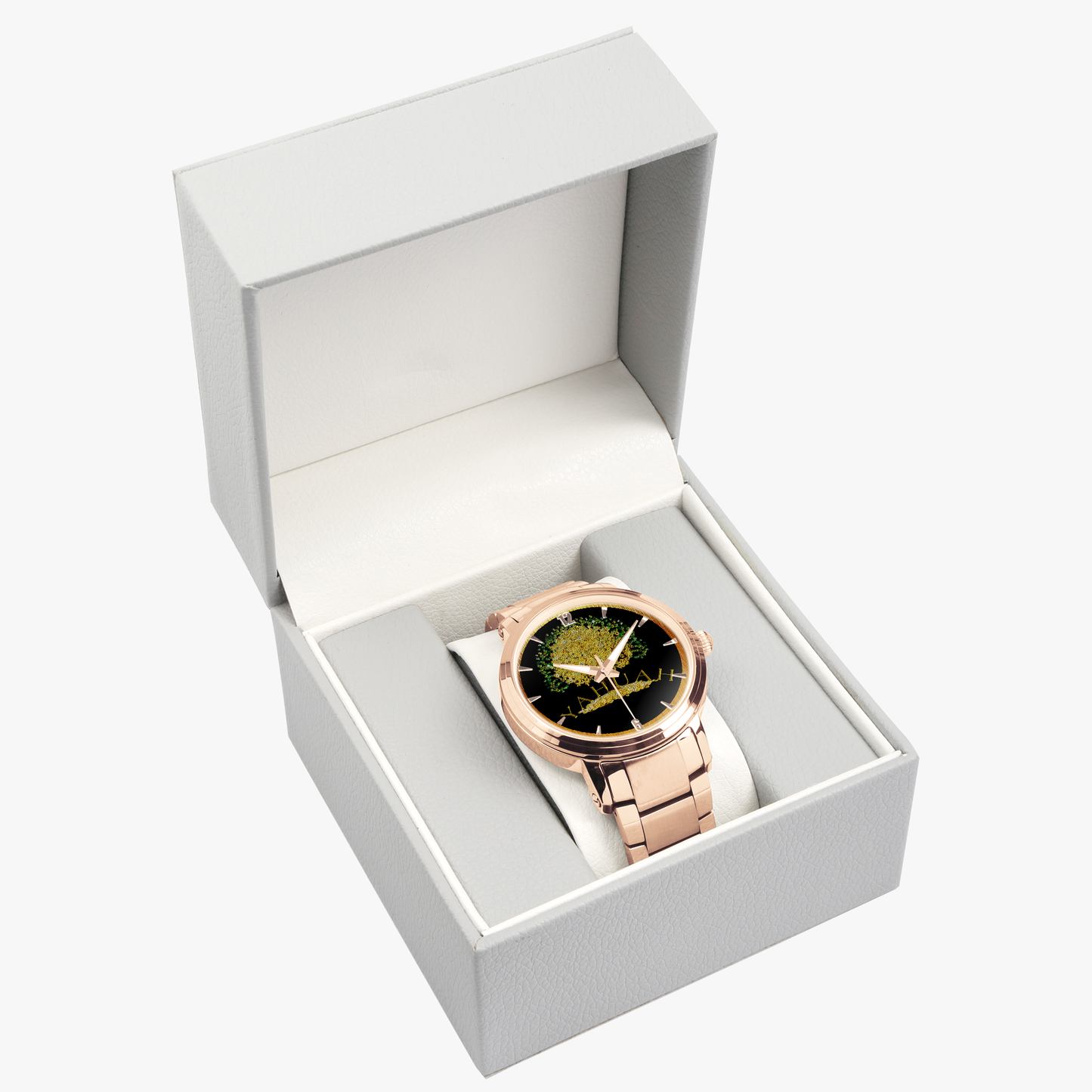 Yahuah: Tree of Life (03) automatic watch presented in a premium grey gift box, available in rose gold stainless steel.