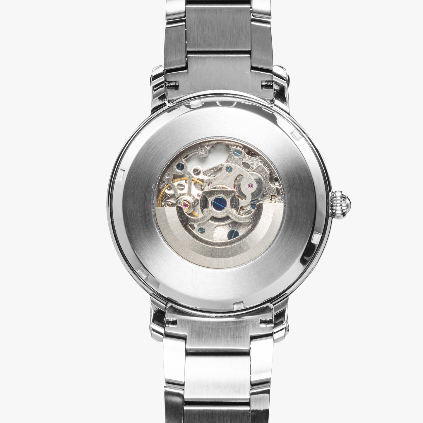 Yahuah: Tree of Life (03) automatic watch presented with silver stainless steel strap with a focus on the case and dial details with a white background.