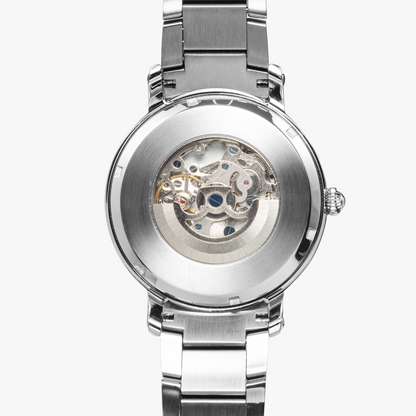 Yahuah: Tree of Life (03) automatic watch presented with silver stainless steel strap with a focus on the case and dial details with a white background.