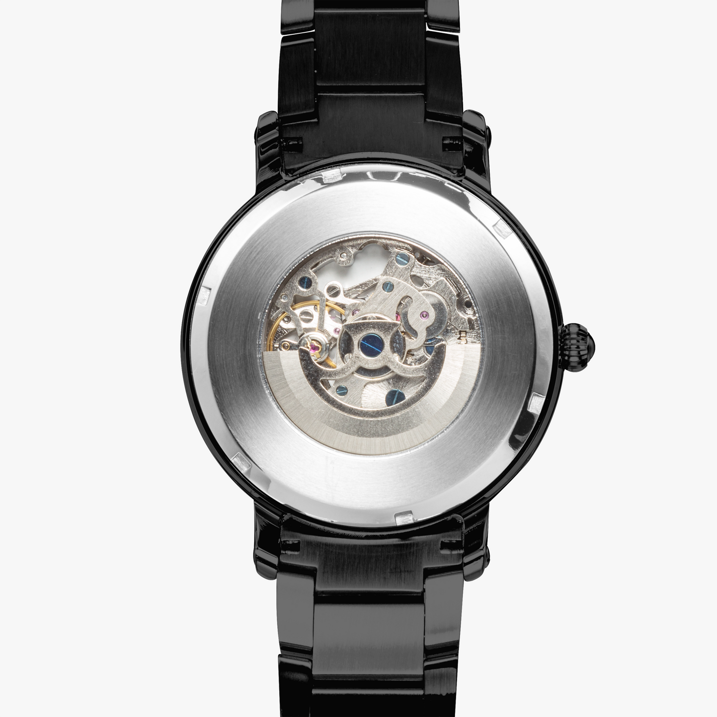 Yahuah: Tree of Life (03) automatic watch presented with black stainless steel strap with a focus on the case and dial details with a white background.