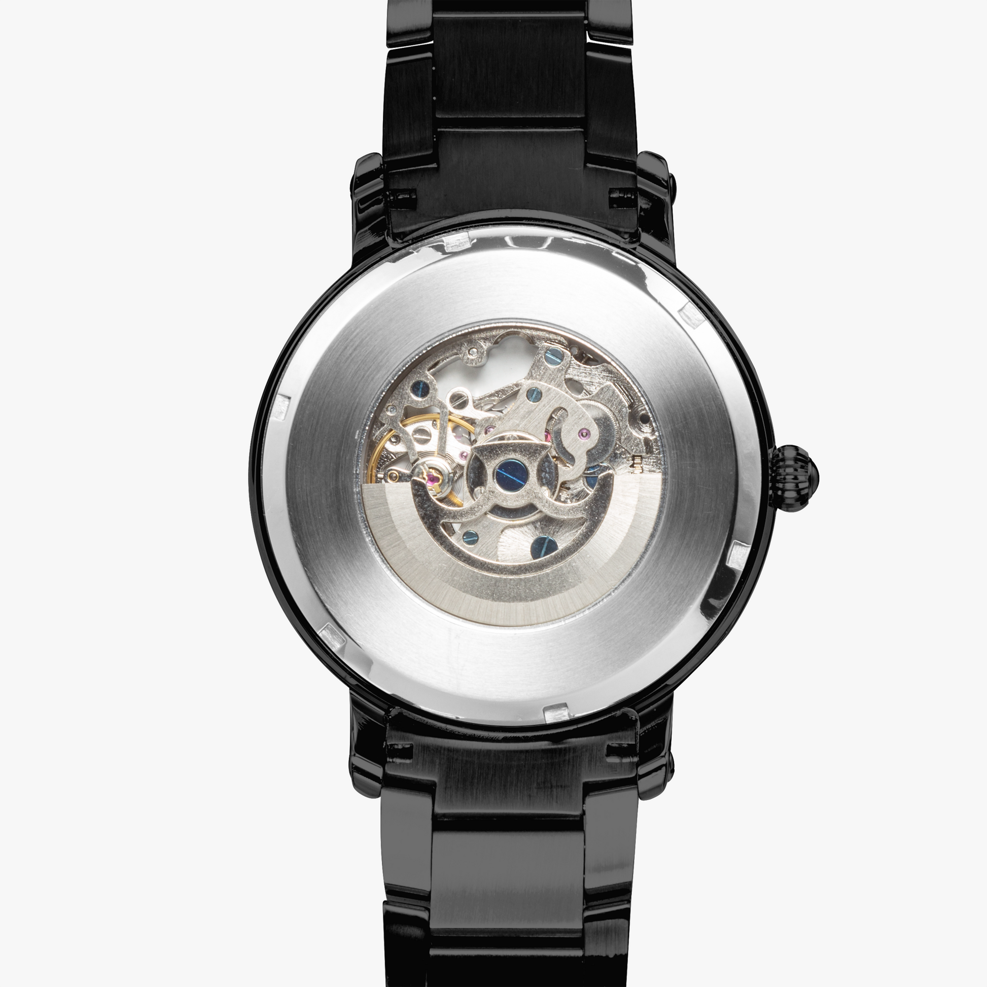 Yahuah: Tree of Life (03) automatic watch presented with black stainless steel strap with a focus on the case and dial details with a white background.