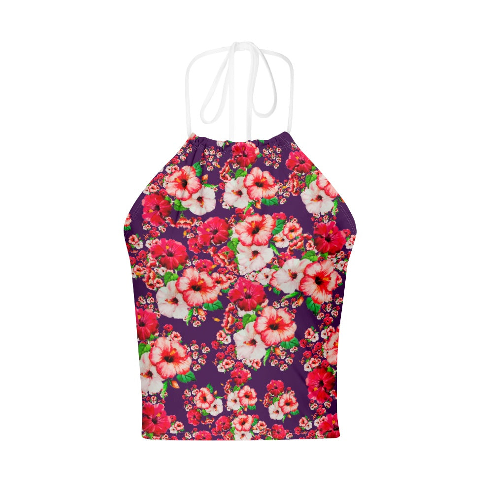 TRP Floral Print 03: Hibiscus Flowers 01-01 Tropical Bloom Backless Halter Crop Top