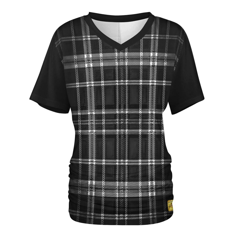 TRP Twisted Patterns 06: Digital Plaid 01-06A Ladies Designer V-neck Pleated T-shirt