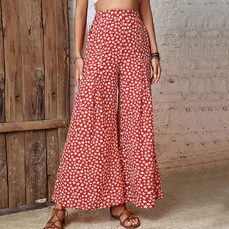 Red Floral Print Pleated Palazzo Pants