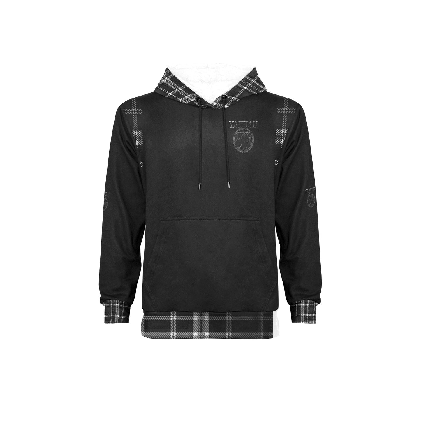 Yahuah-Tree of Life 02-04 + Digital Plaid 01-06A Men's Designer High Neck Fleece Lined Pullover Hoodie