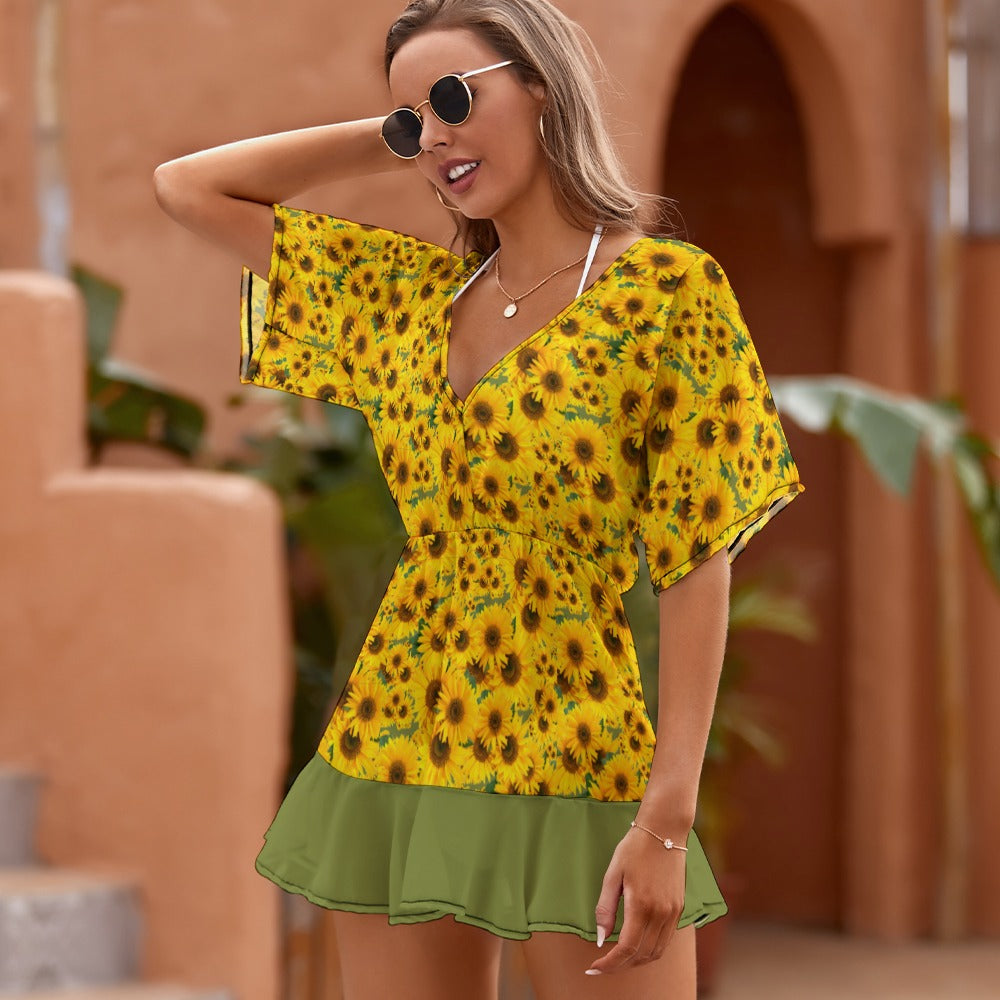 TRP Floral Print 04: Sunflowers 01 Designer Smocked Ruffle Hem Dress (3 colors)