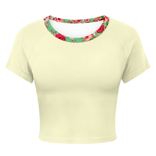 TRP Floral Print 03: Hibiscus Flowers 01-02 Tropical Bloom Fitted Crop Top, Cream