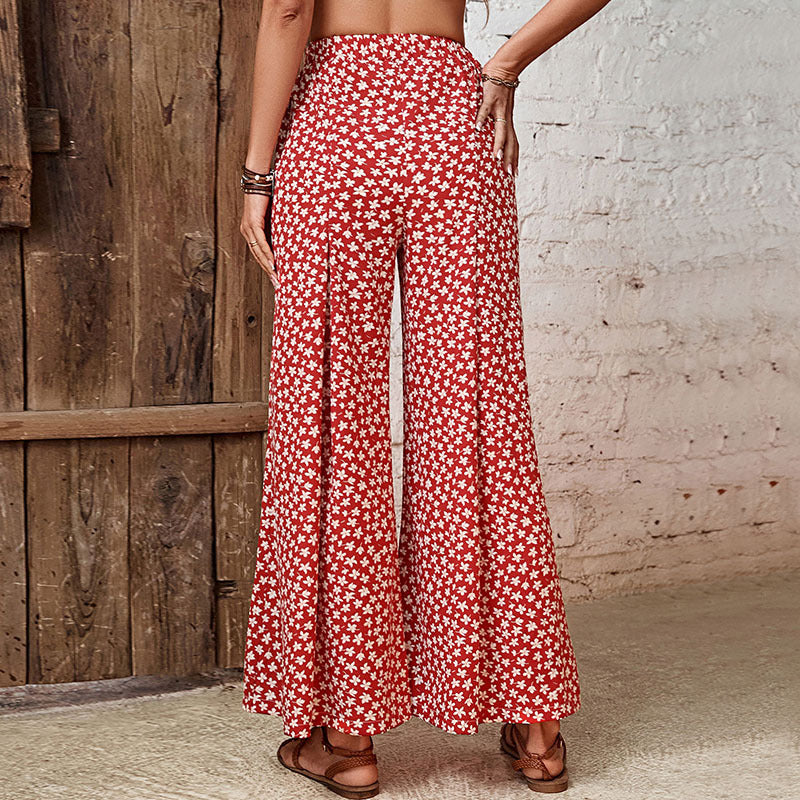 Red Floral Print Pleated Palazzo Pants