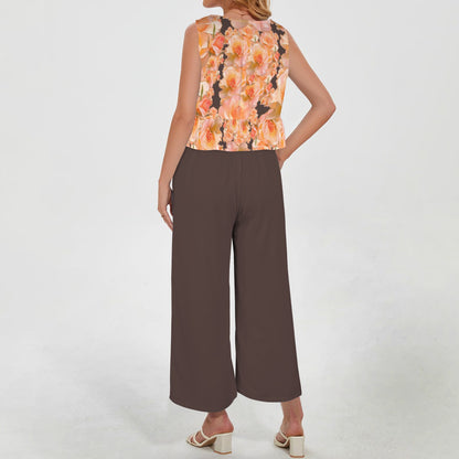 Floral Embosses: Roses 03 -02 "Sunset Rose Elegance" Sleeveless Ruffle Hem Crop Top & Wide Leg Pants Set